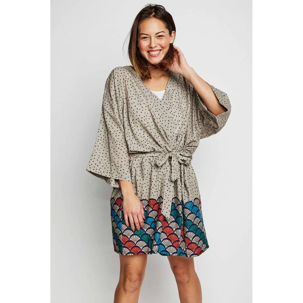 Sudara Punjammies Yamma Print Kimono Robe Loungewear Tan Plus Size Polka Dot Fan
